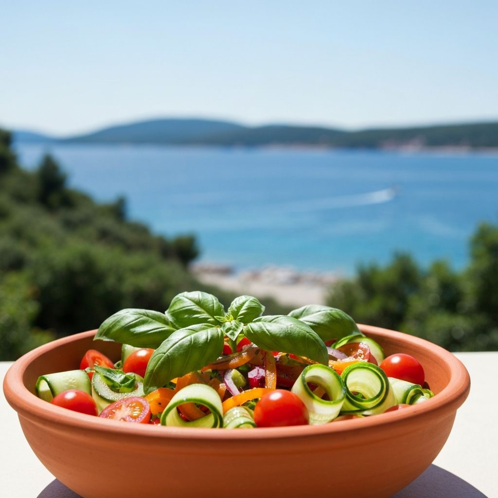 Svježa salata s zelenim biljem i povrćem na terasi u podnevnom suncu